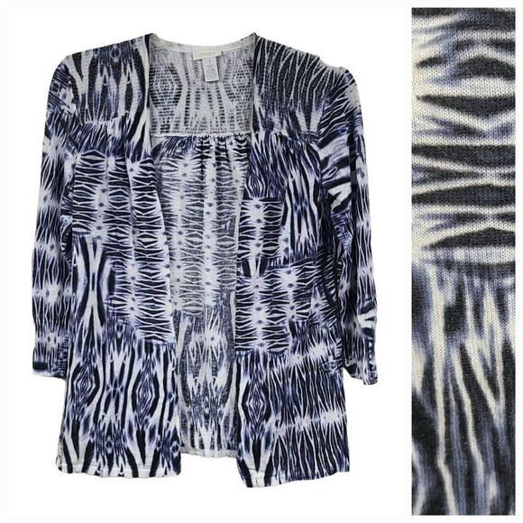 Chico's Navy Tie Dye Shimmer Linen Open Front Cardigan Lightweight Knit Sweater - Picture 1 of 9